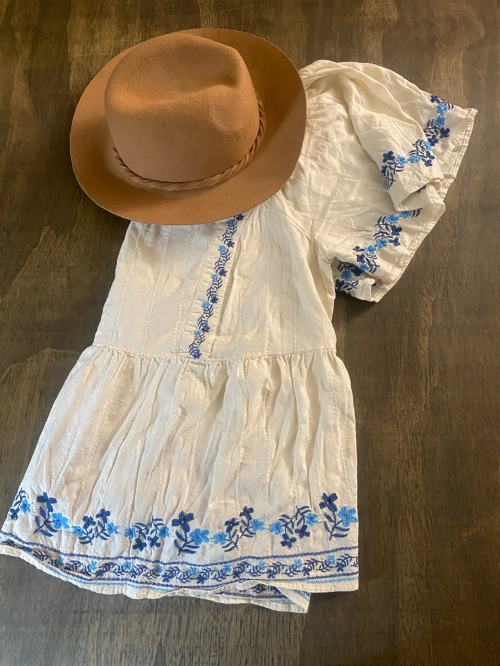 Old Navy White Gauze Tunic Dress with Blue Floral Embroidery